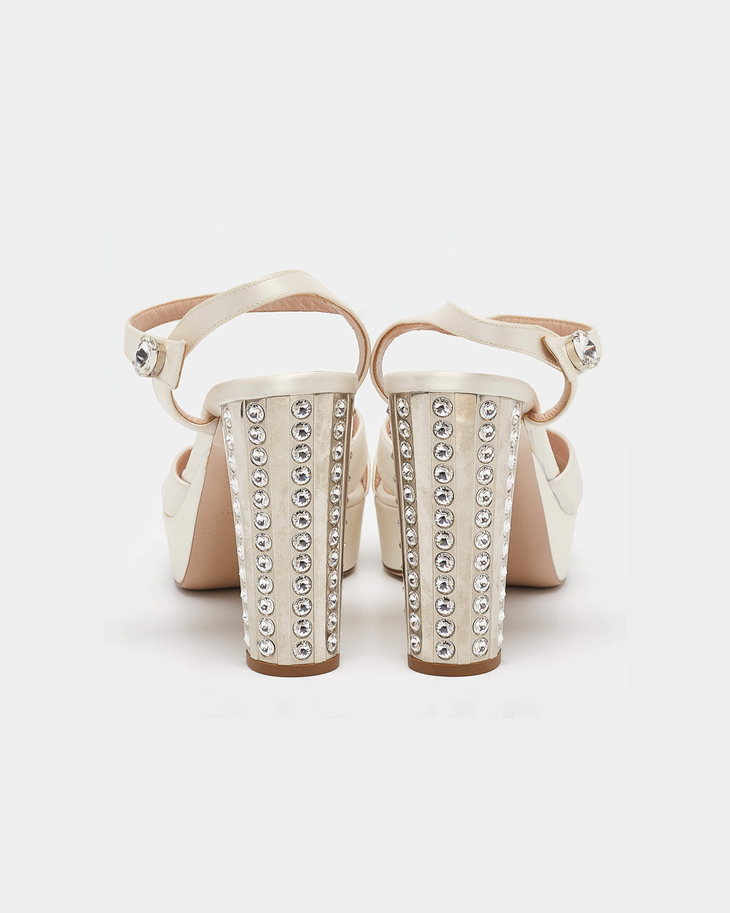 Cream satin platform sandals with crystal-embellished heel — Miu Miu | Endless UAE