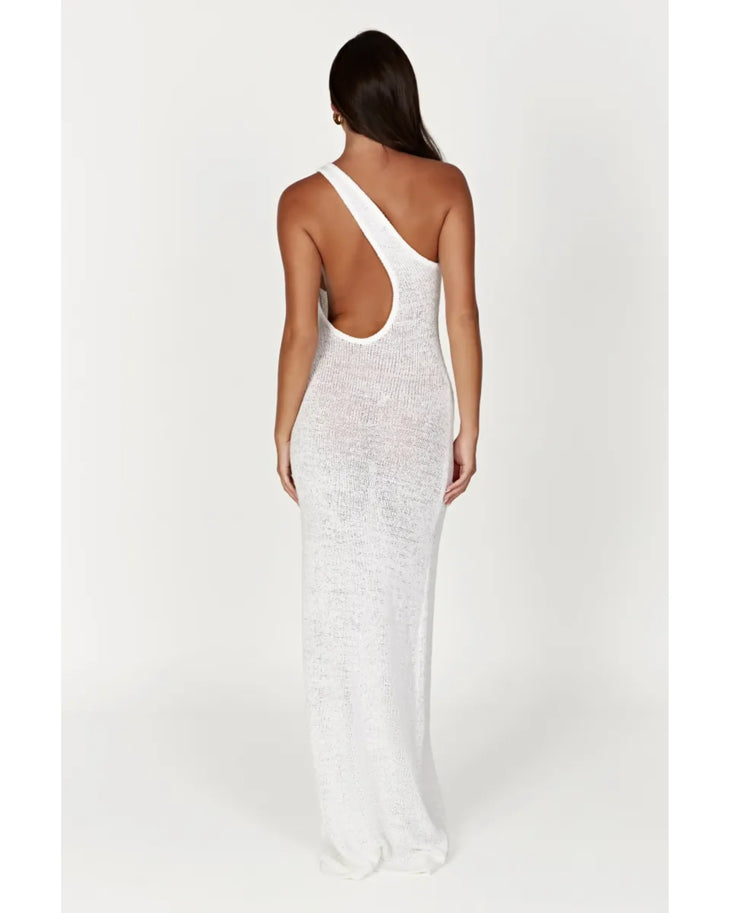 Woman wearing white one-shoulder knit maxi dress — Meshki | Endless UAE