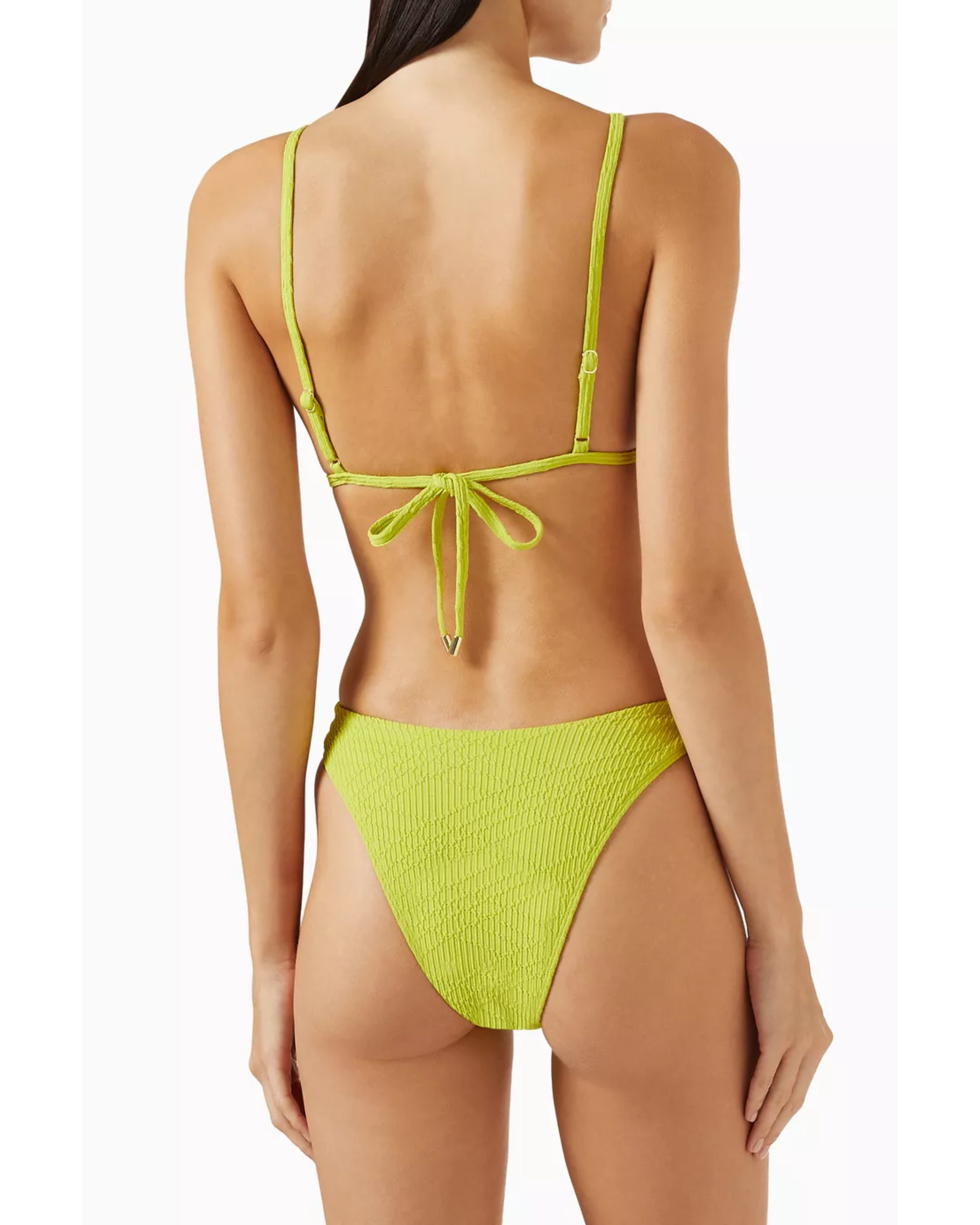 Lime green smocked high-leg bikini bottom with adjustable tie detail, shown from back view — Monday Swimwear | Endless UAE