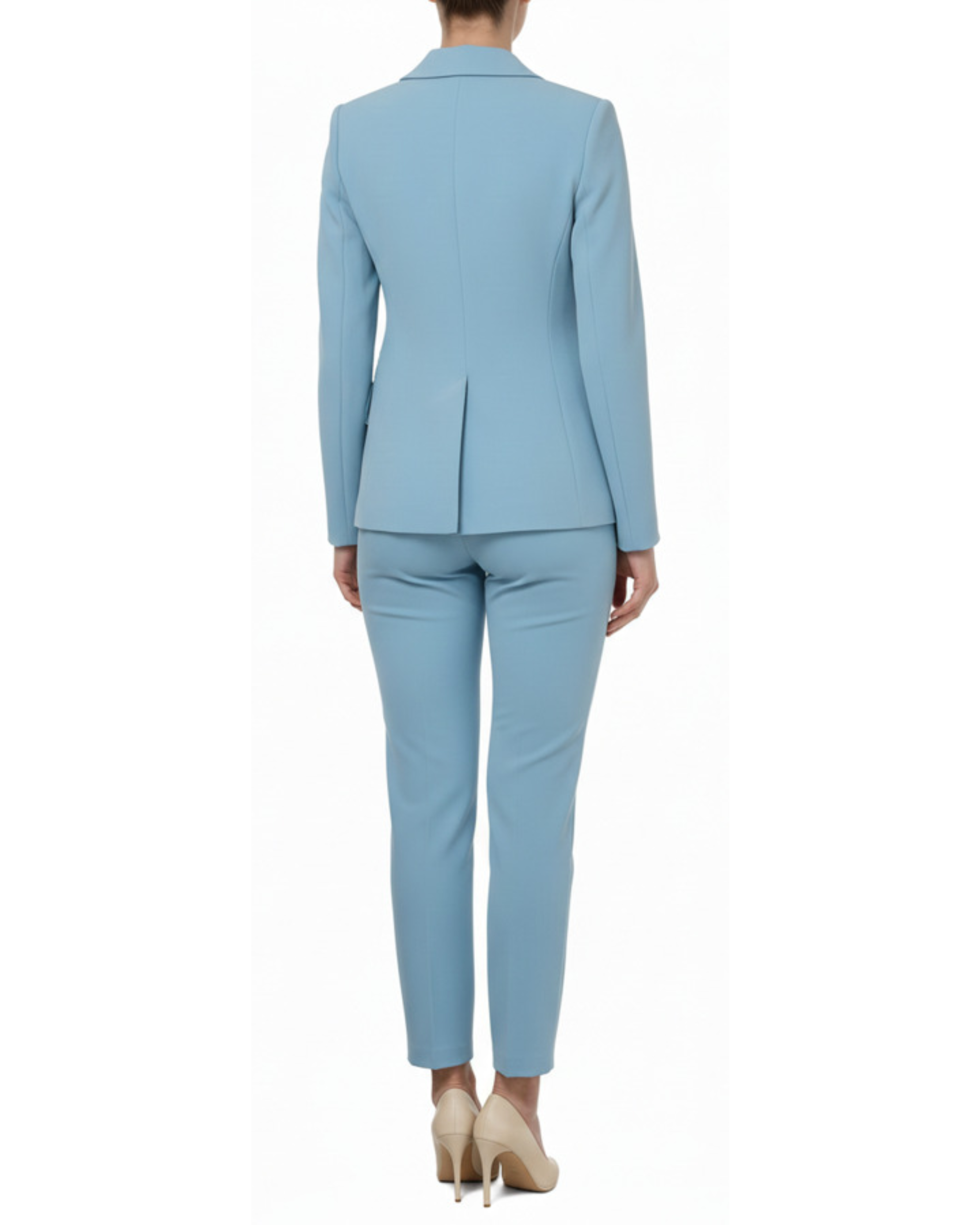 Light blue tailored suit set with single-button blazer and slim trousers, rear view — Elisabetta Franchi | Endless UAE