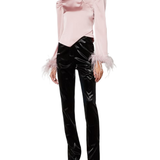 Limousine pink satin top with puffed shoulders and feather cuffs — De La Vali | Endless UAE