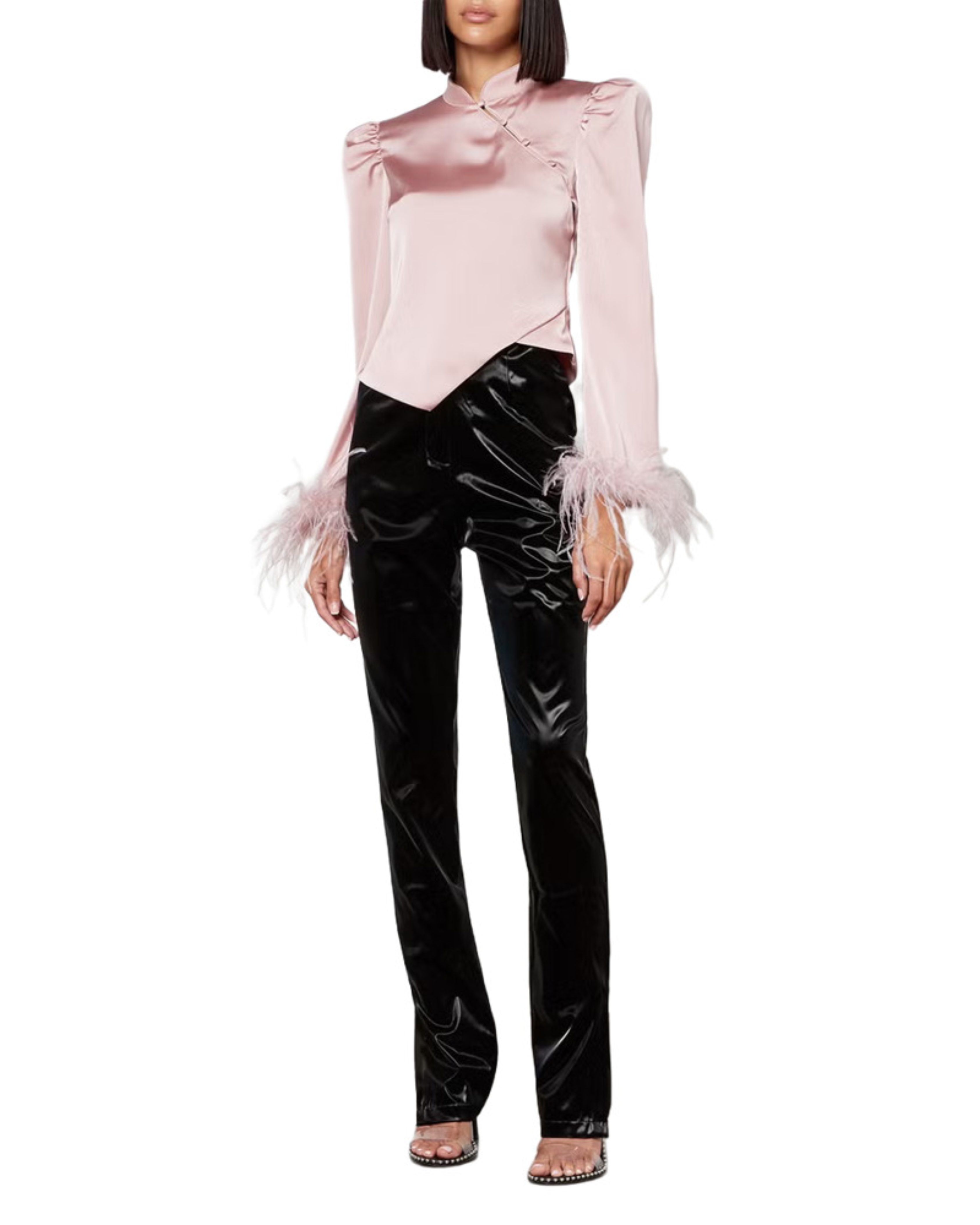 Limousine pink satin top with puffed shoulders and feather cuffs — De La Vali | Endless UAE