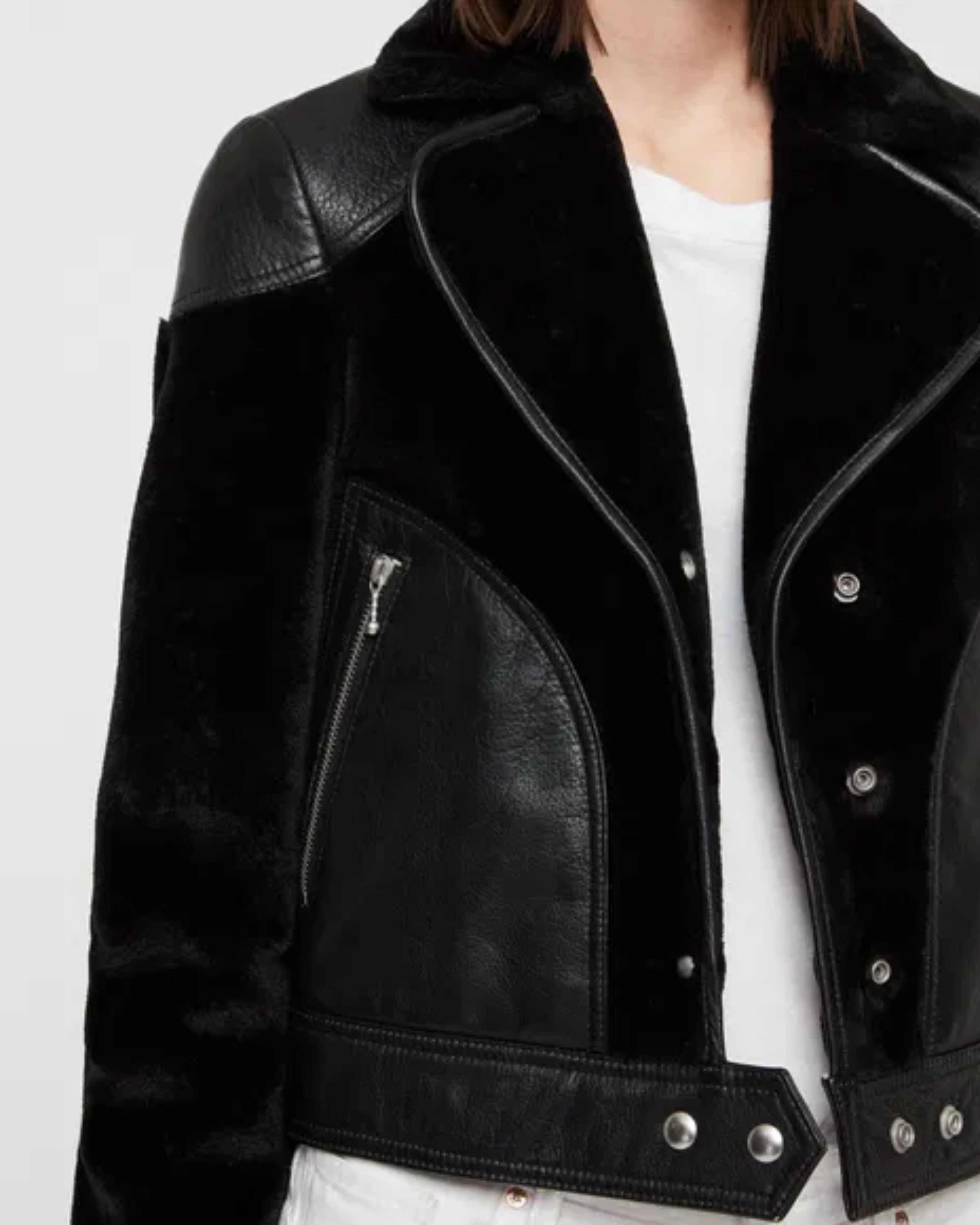 Zola Lux Leather Biker Jacket in black with notch lapels and zip pockets — All Saints | Endless UAE
