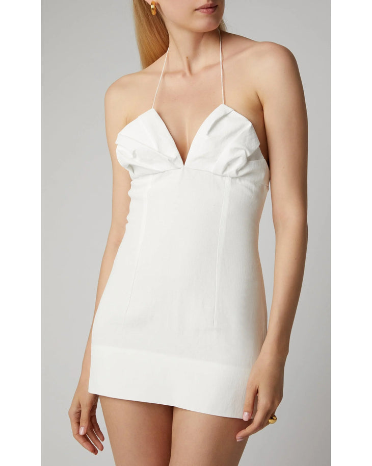 White halter mini dress with V-neckline and gathered bust detail — Jacquemus | Endless UAE