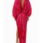Woman wearing a fuchsia crinkled pleated oversized maxi dress with wrap front and voluminous sleeves — L'IDÉE | Endless UAE