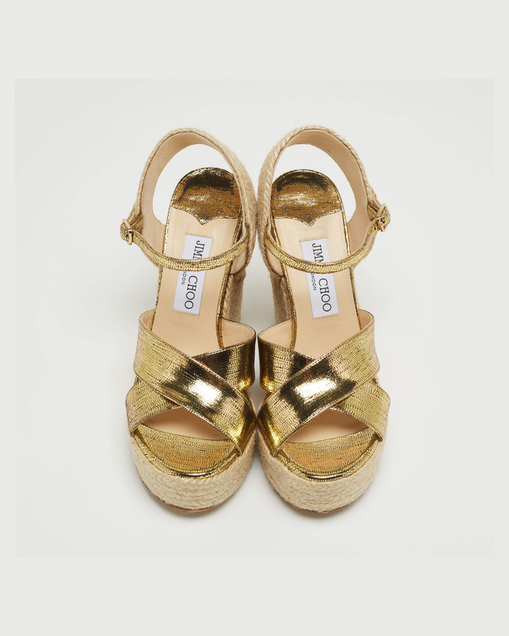 Gold metallic foil crisscross espadrille wedge sandals with ankle strap and woven jute platform — Jimmy Choo | Endless UAE