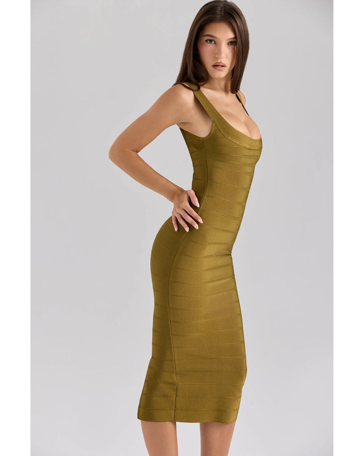 Olive green midi bandage dress with square neckline and sleeveless design — House Of CB | Endless UAE