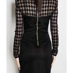 Black bodycon dress with sheer geometric lace sleeves and yoke, gold back zipper detail — Balmain | Endless UAE