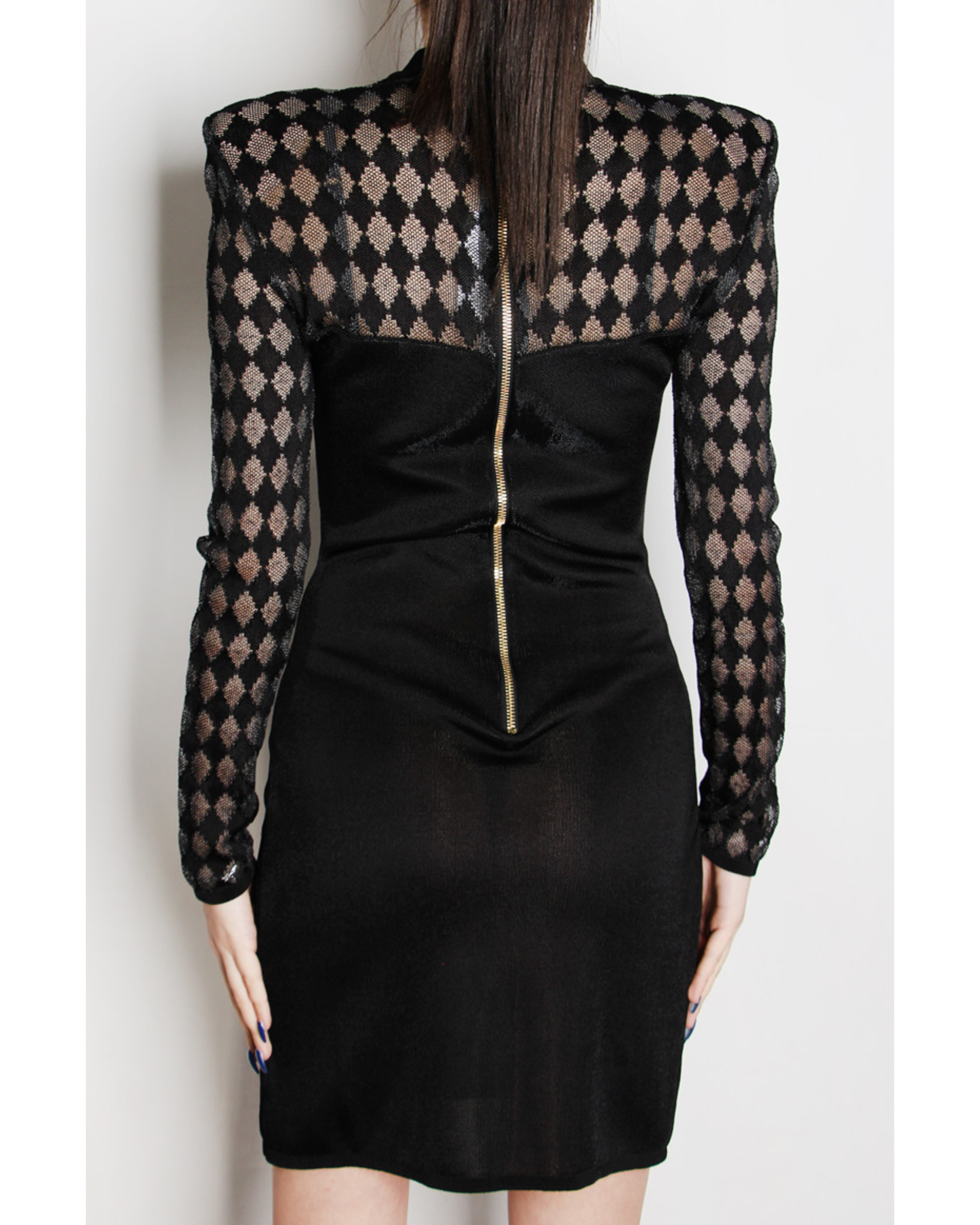 Black bodycon dress with sheer geometric lace sleeves and yoke, gold back zipper detail — Balmain | Endless UAE