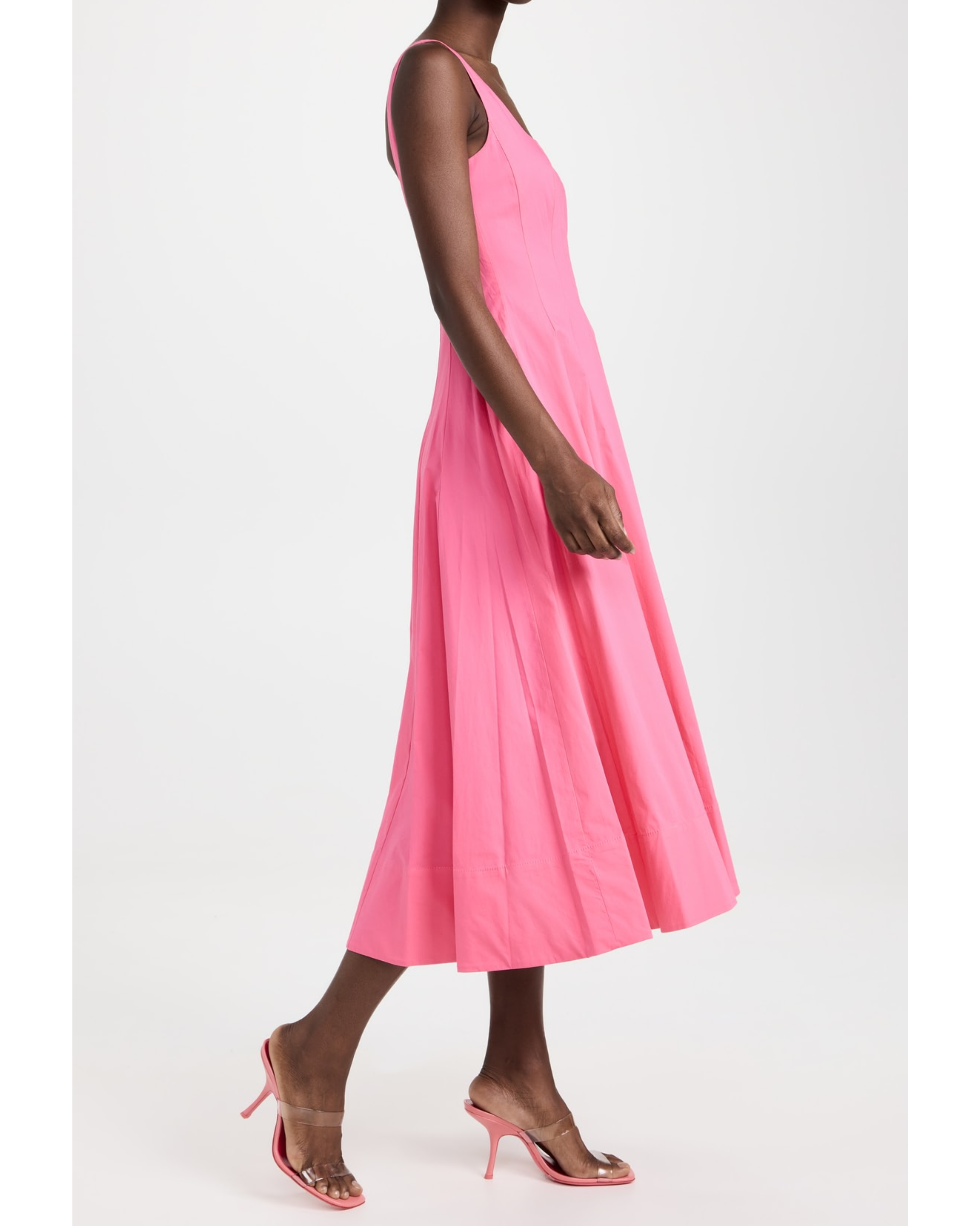 Pink sleeveless midi dress with square neckline and full skirt — Staud | Endless UAE