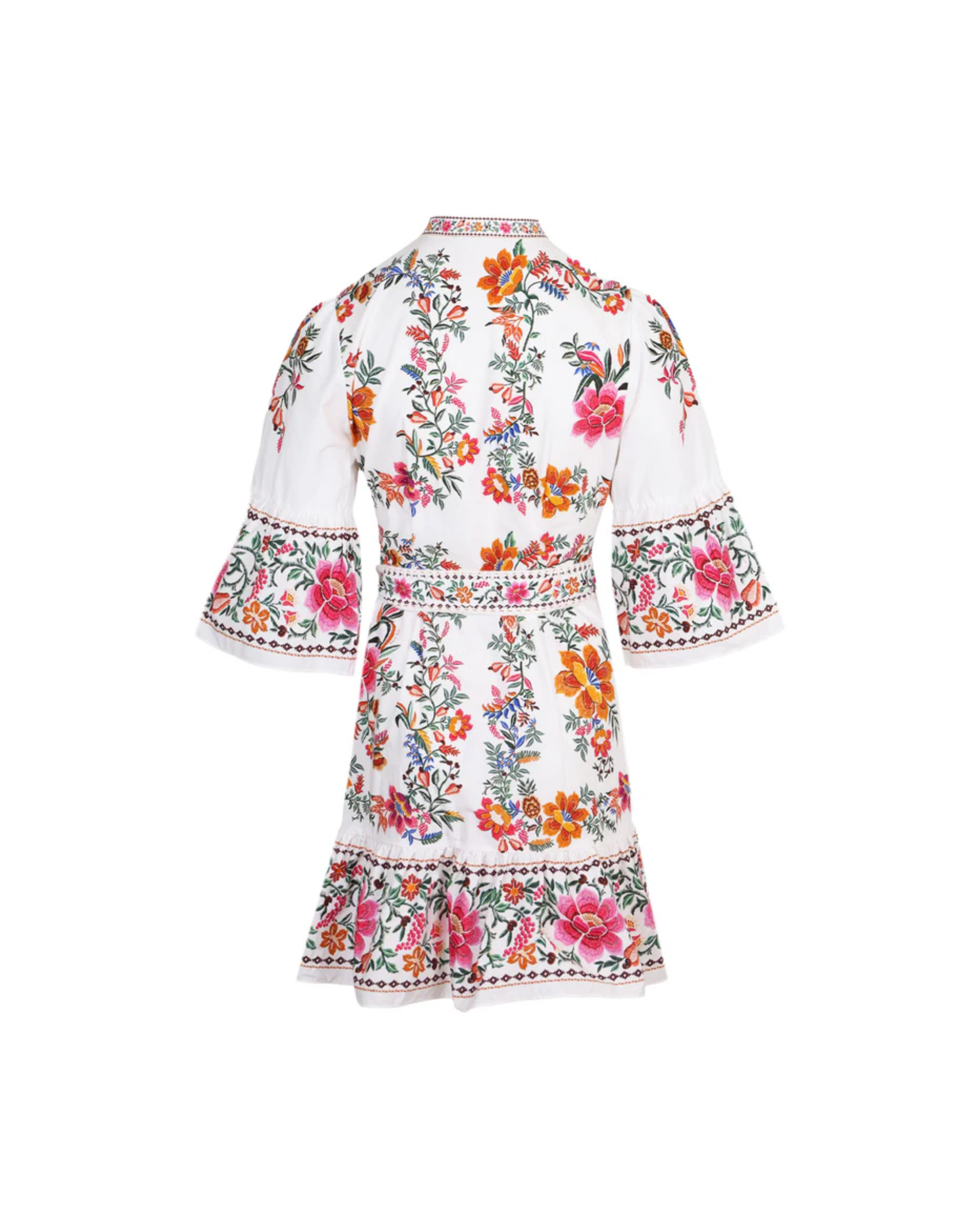 Floral embroidered off-white mini dress with bell sleeves and tiered ruffle hem — Farm Rio | Endless UAE