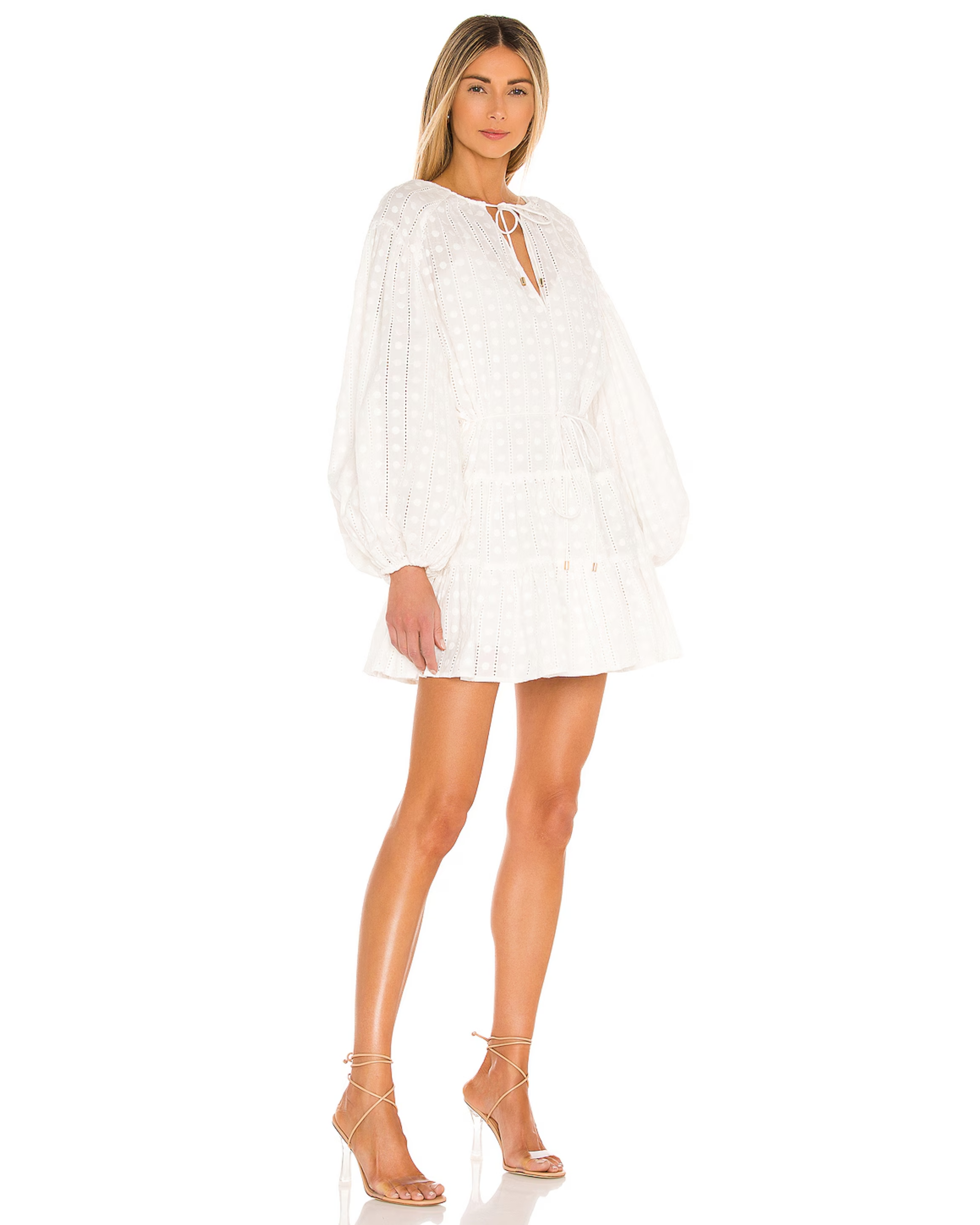 White mini dress with balloon sleeves, eyelet embroidery, and keyhole neckline tie — Significant Other | Endless UAE