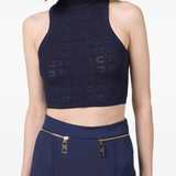 Navy sleeveless turtleneck crop top with textured knit — Elisabetta Franchi | Endless UAE