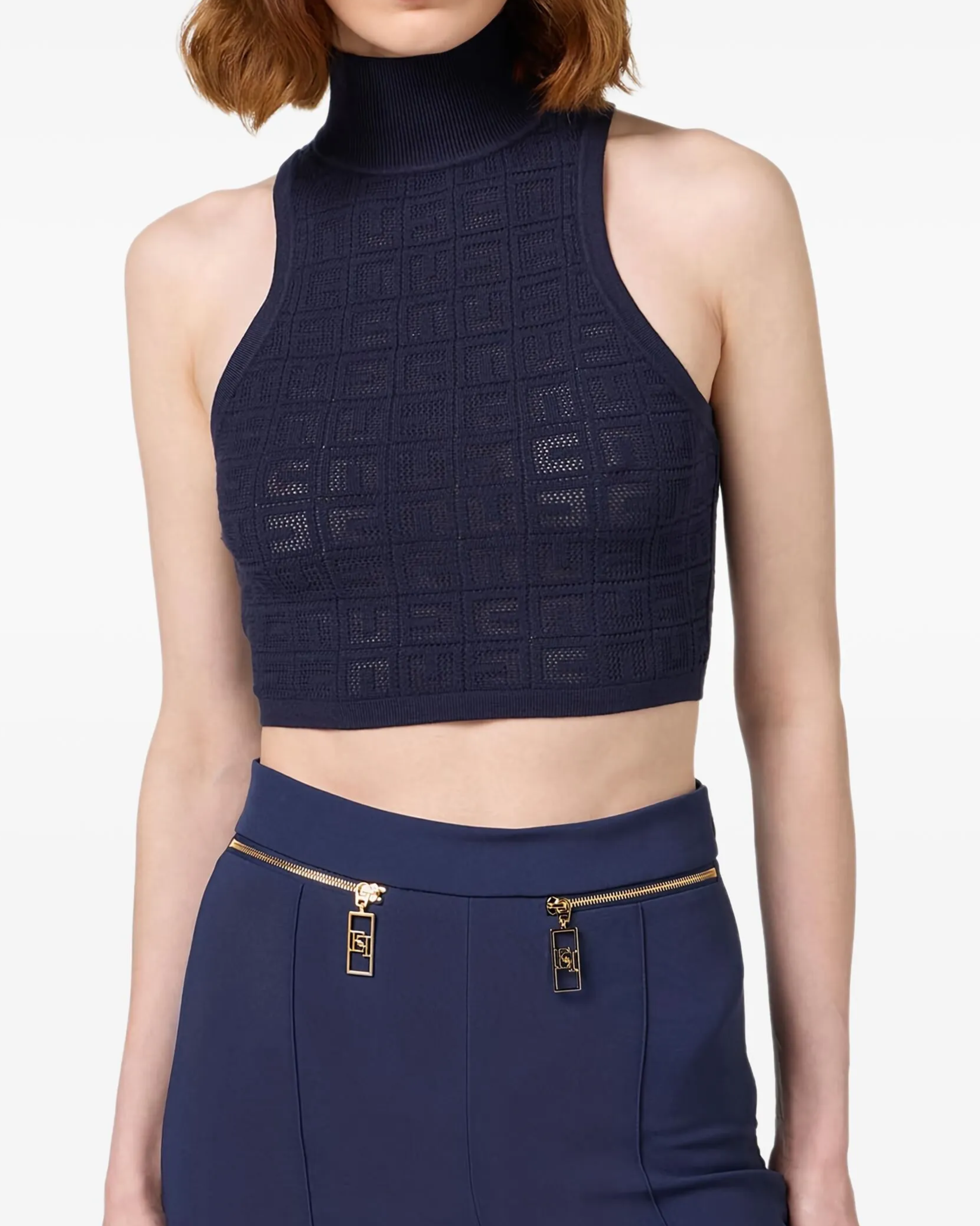 Navy sleeveless turtleneck crop top with textured knit — Elisabetta Franchi | Endless UAE