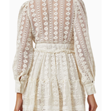 Cream lace long sleeve wrap dress with tiered skirt — Hemant & Nandita | Endless UAE