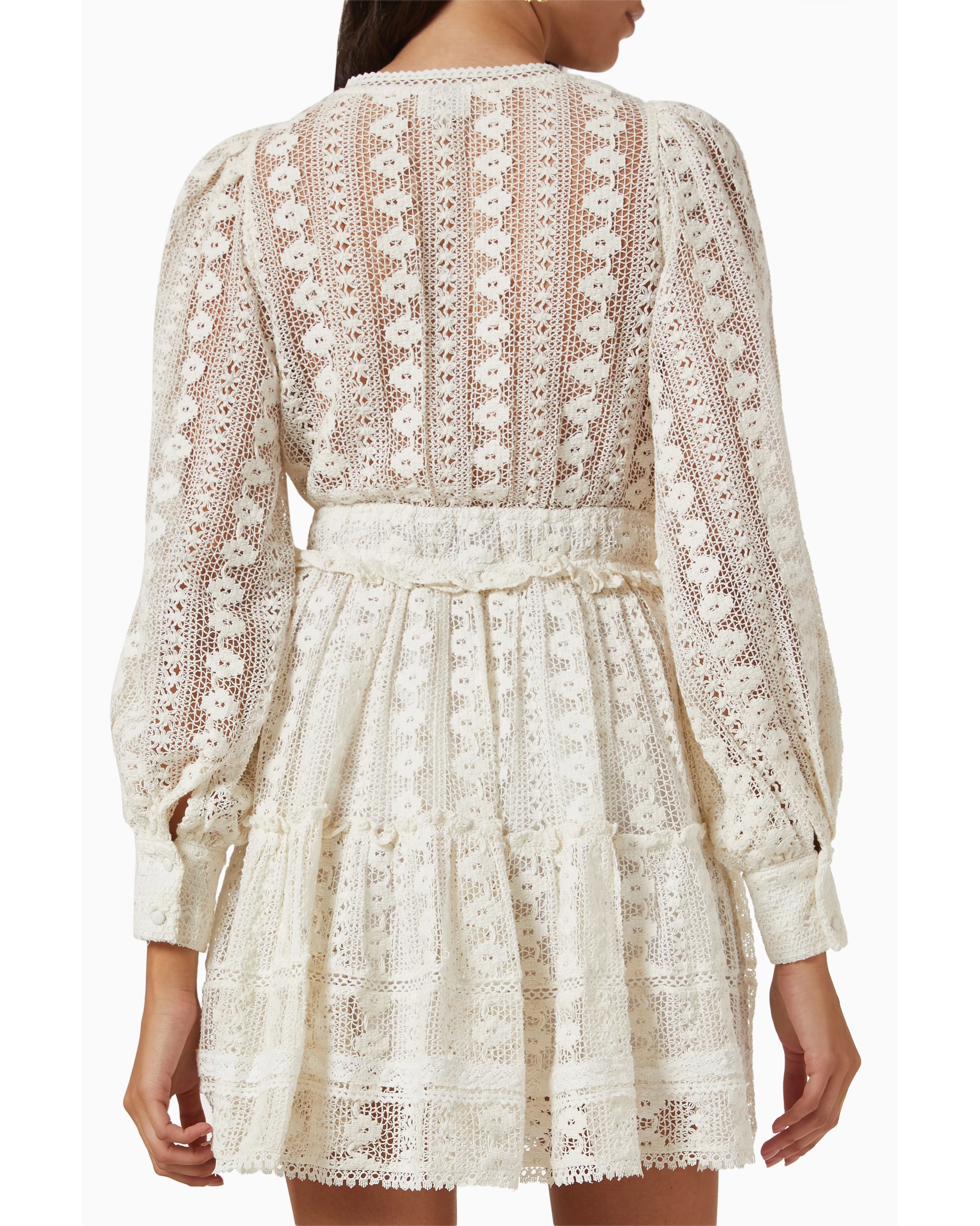 Cream lace long sleeve wrap dress with tiered skirt — Hemant & Nandita | Endless UAE