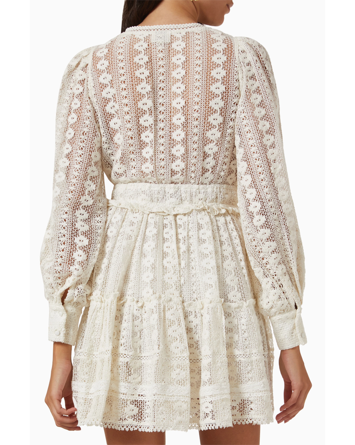 Cream lace long sleeve wrap dress with tiered skirt — Hemant & Nandita | Endless UAE