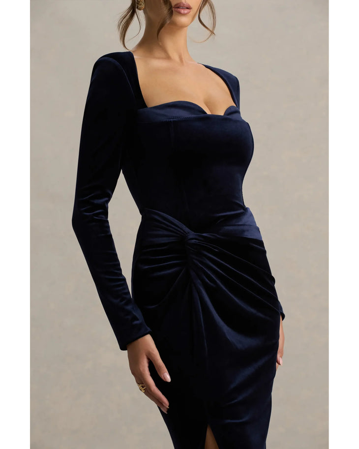 Navy velvet corset maxi dress with long sleeves and side slit — Club L London | Endless UAE