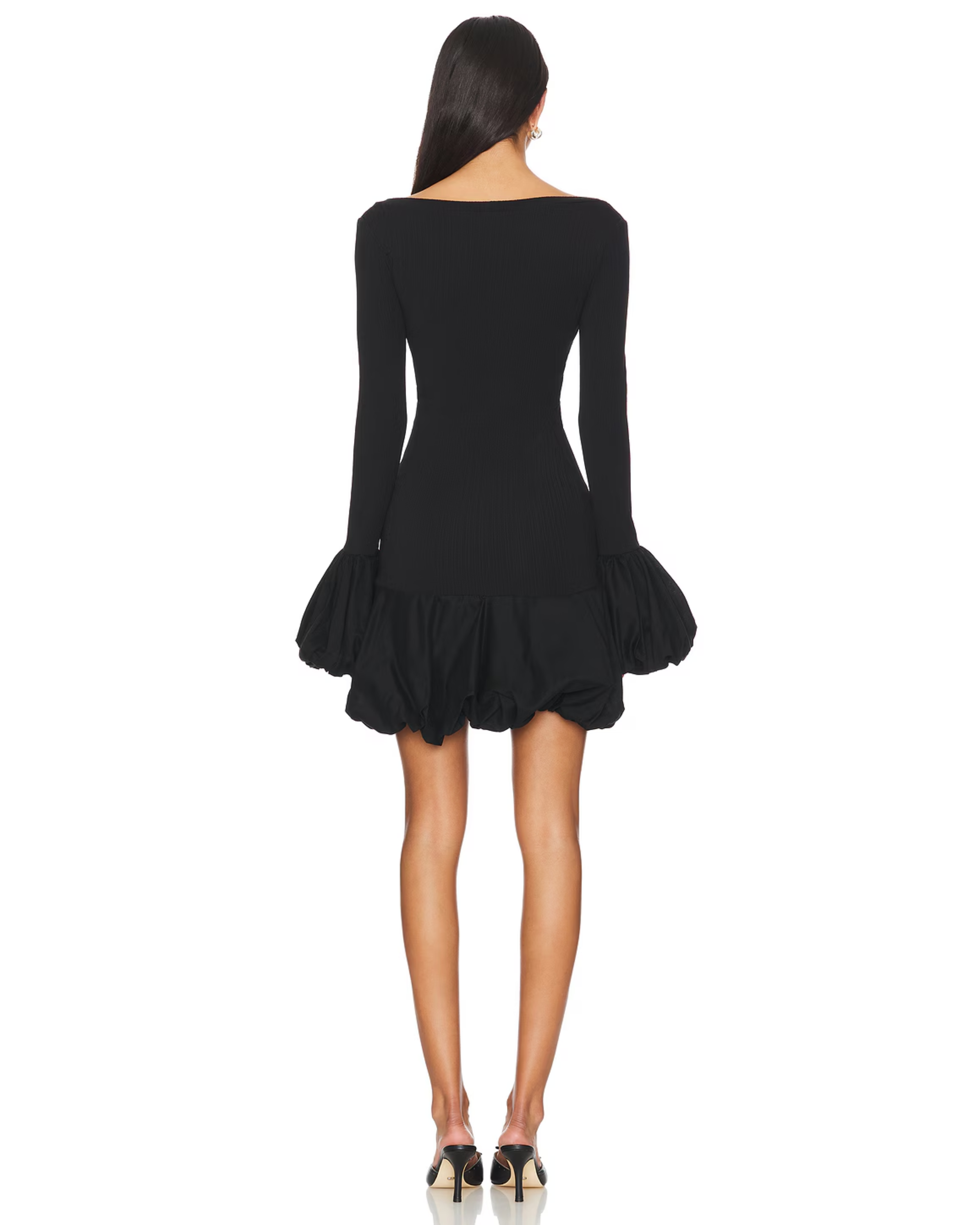 Black balloon contrast knit dress with long sleeves and ruched hem — Aaizel | Endless UAE