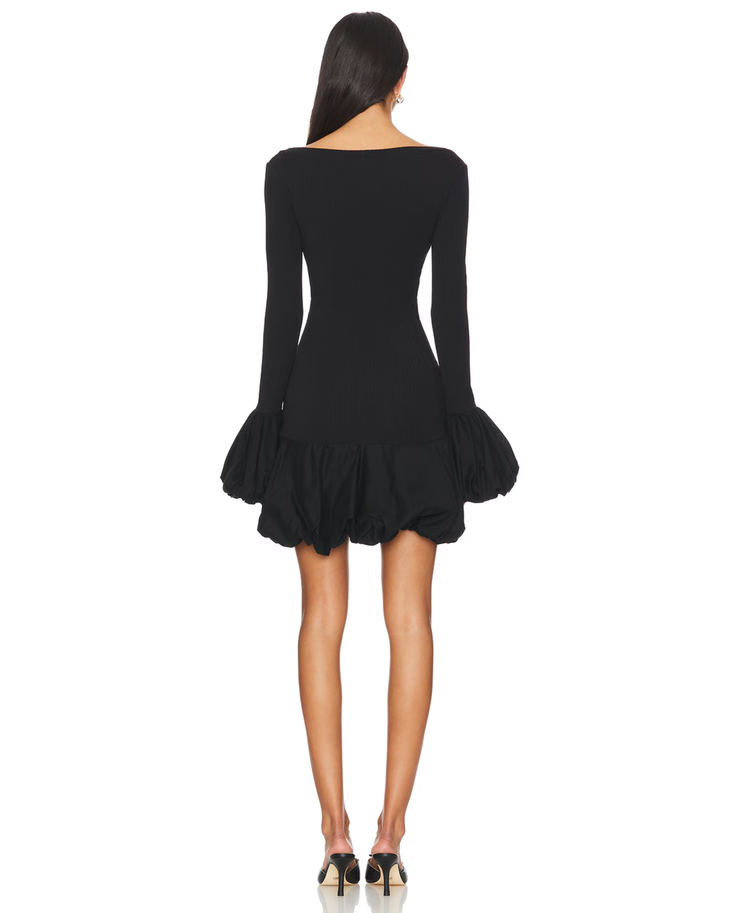Black balloon contrast knit dress with long sleeves and ruched hem — Aaizel | Endless UAE