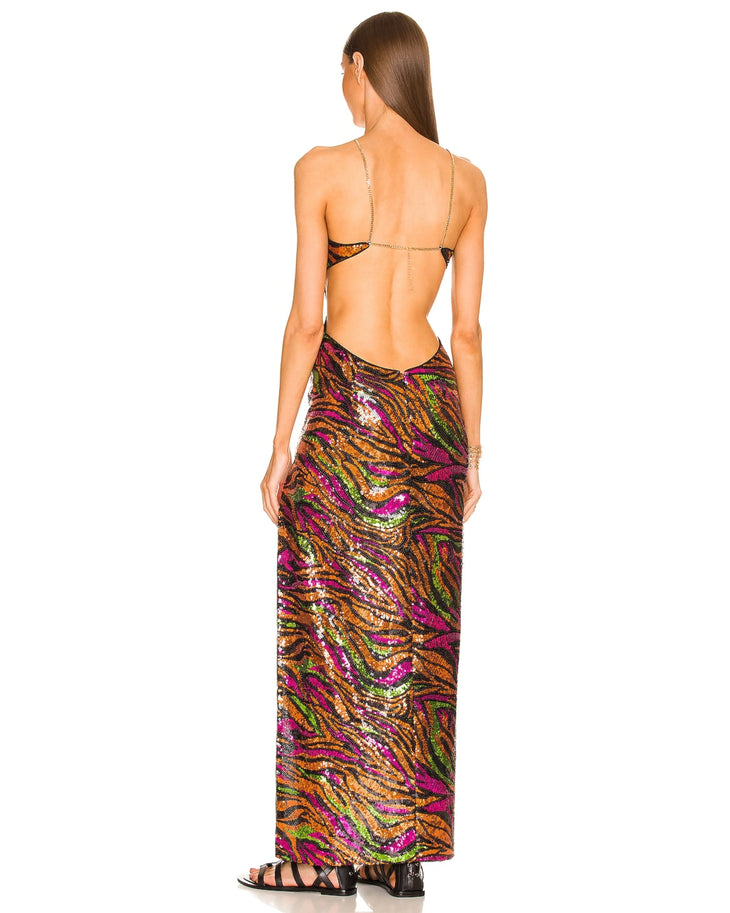 Multicolor sequin halter maxi dress with cutout details and high slit — Dundas | Endless UAE