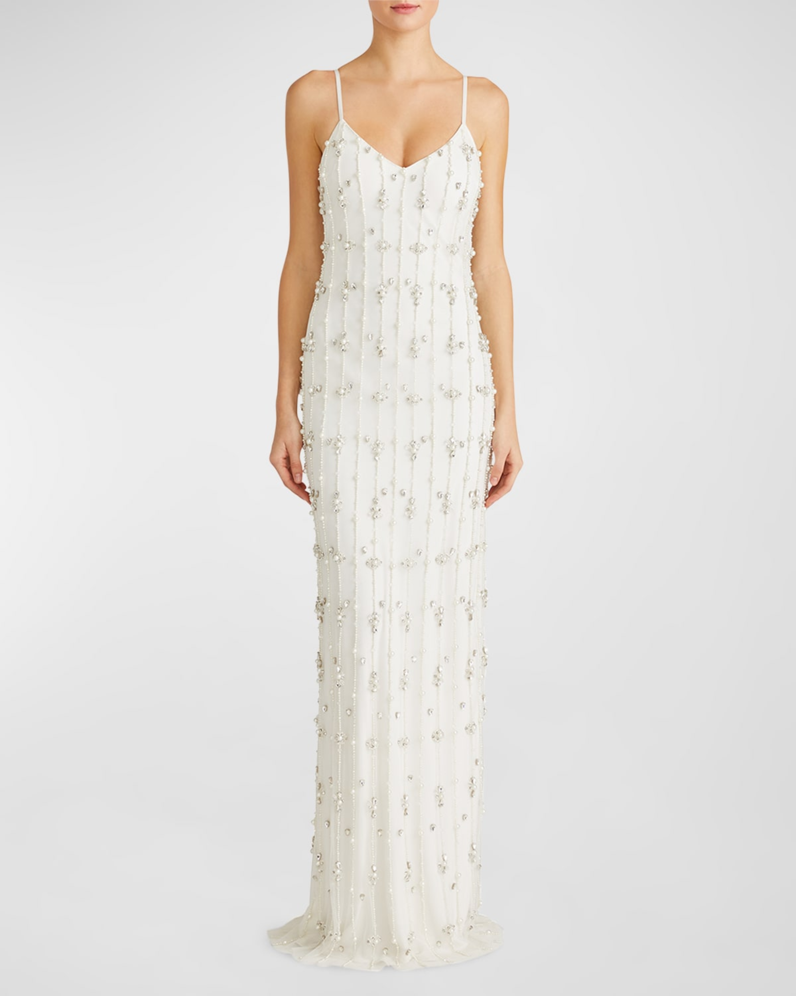 Amora ivory beaded gown with crystal embellishments and spaghetti straps — Monique Lhuillier | Endless UAE