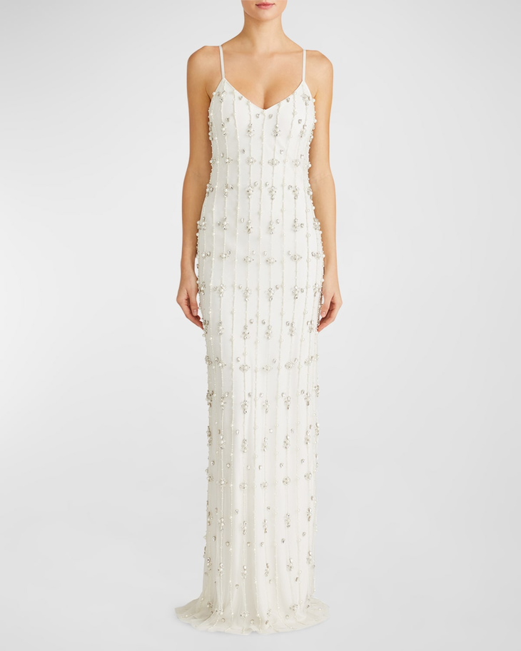 Amora ivory beaded gown with crystal embellishments and spaghetti straps — Monique Lhuillier | Endless UAE