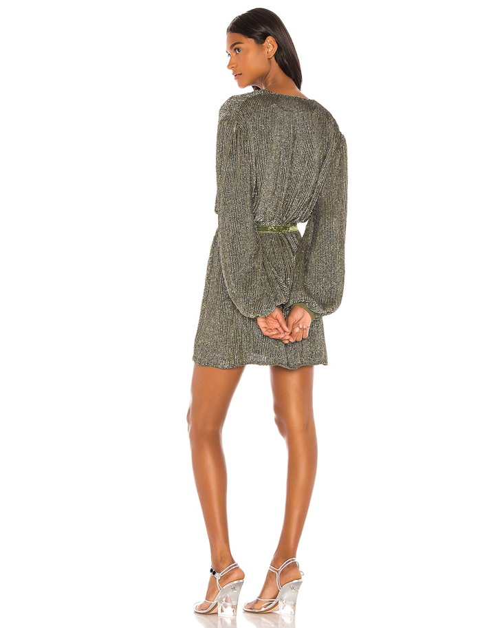 Metallic olive green sequin mini dress with long sleeves, open back detail, and wrap-style waist tie — Retrofete | Endless UAE