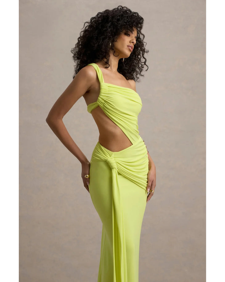 Neon yellow asymmetric maxi dress with one-shoulder neckline and wrap skirt detail — Club L London | Endless UAE