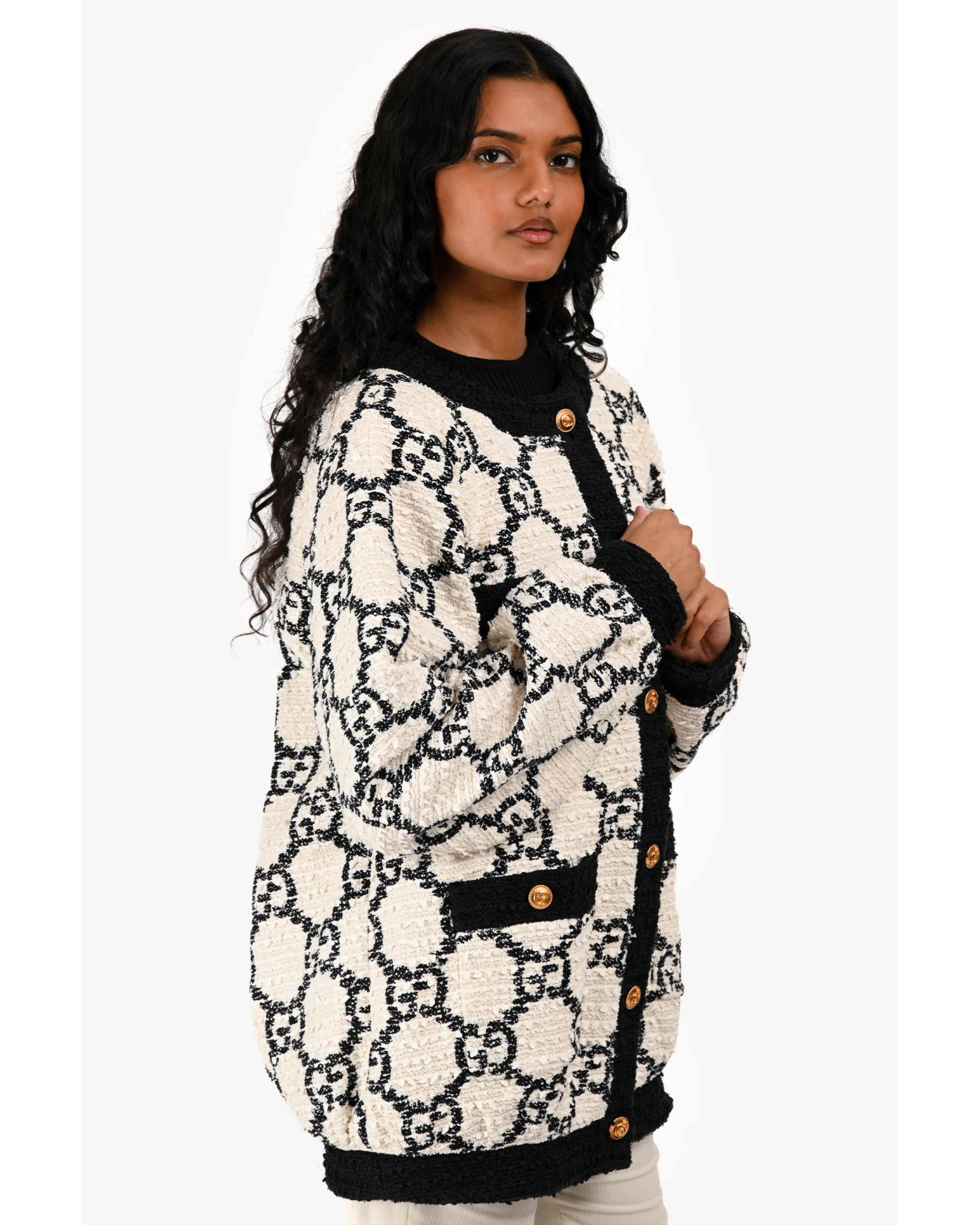 Gucci monogram logo bomber jacket in beige and black with gold button details and ribbed trim — Gucci | Endless UAE