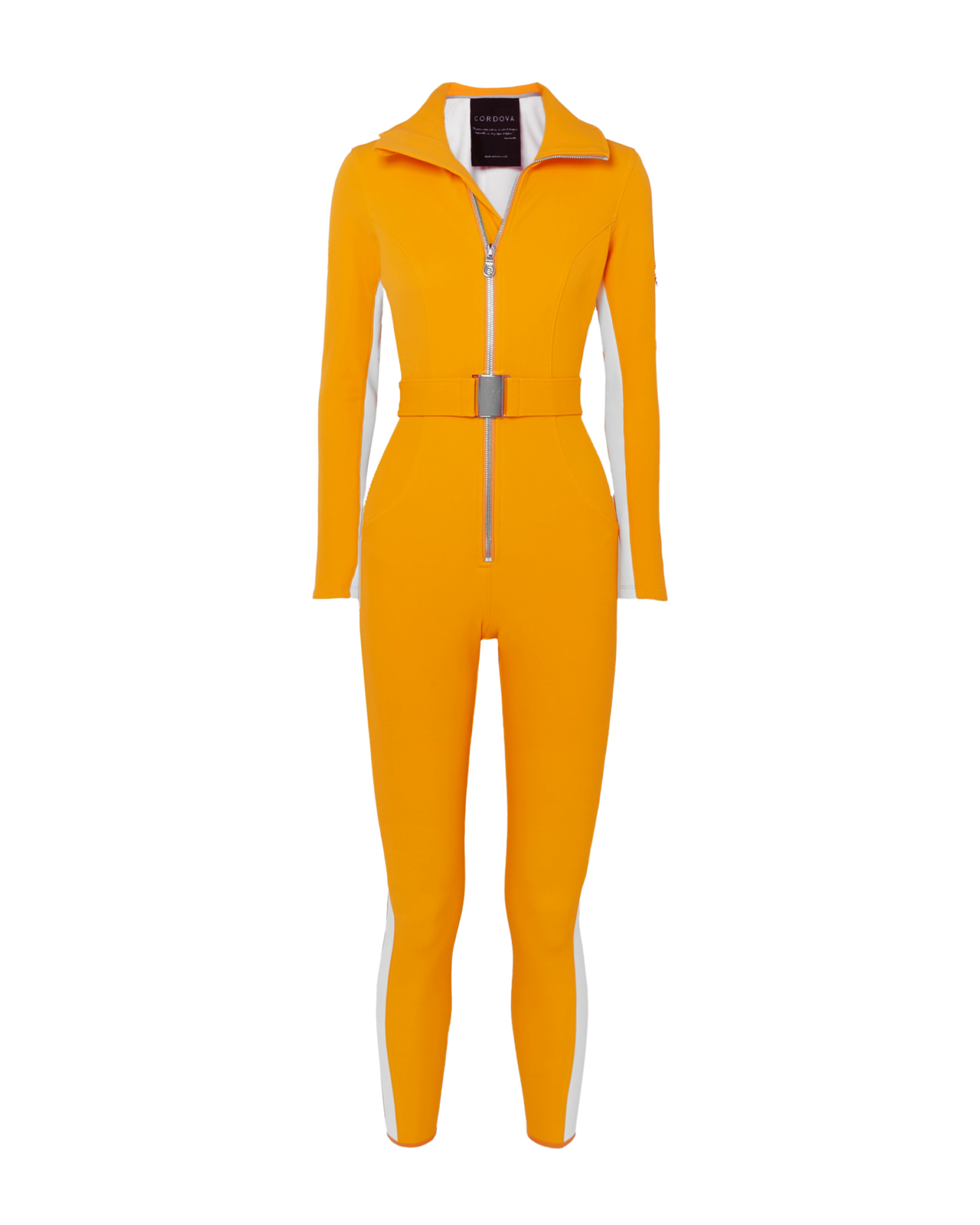 Bright yellow ski suit with belted waist and black turtleneck, paired with black skis — Cordova | Endless UAE