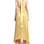Woman wearing pleated marigold halter gown with high-low hemline — L'IDÉE | Endless UAE
