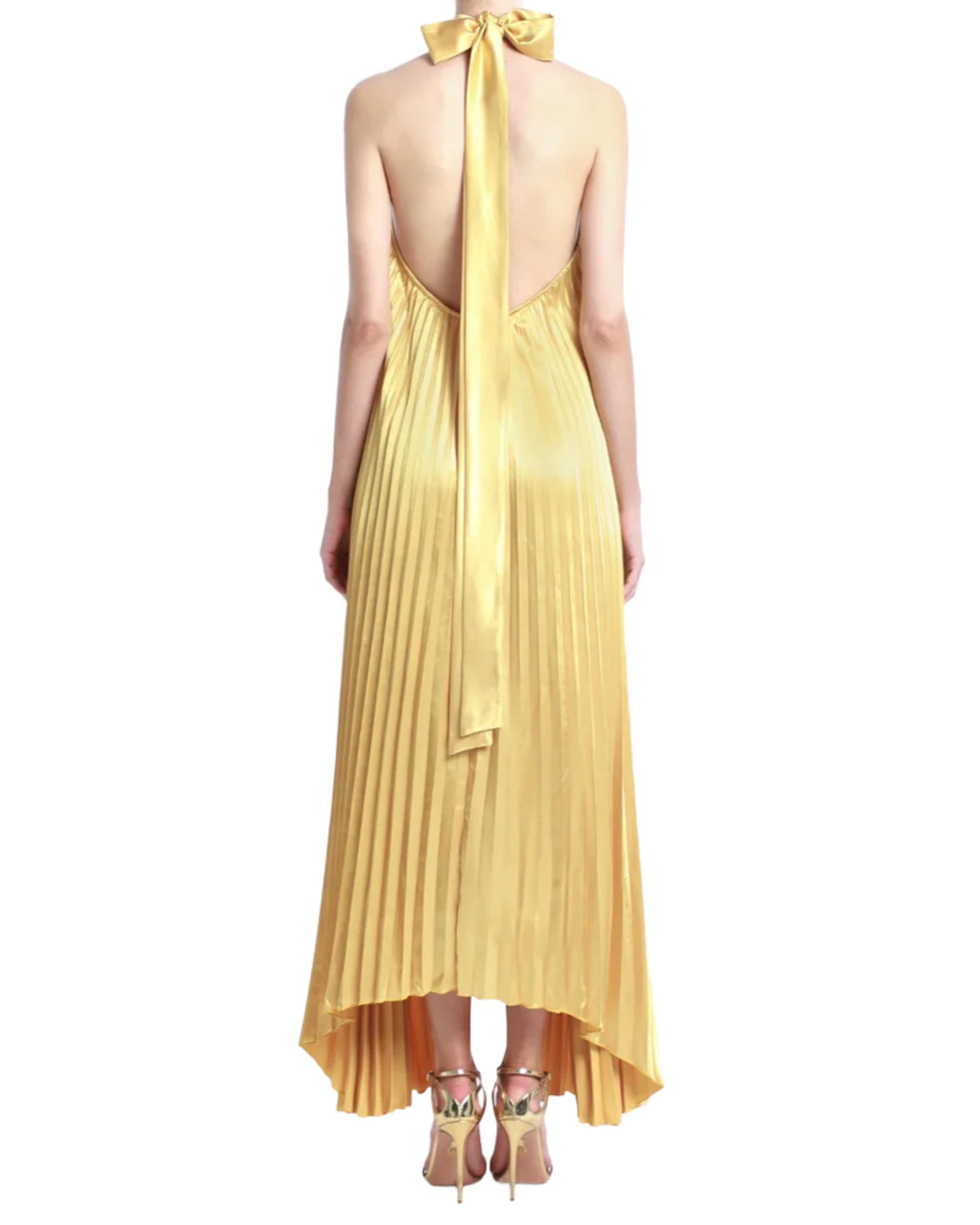 Woman wearing pleated marigold halter gown with high-low hemline — L'IDÉE | Endless UAE