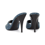 Blue denim high heel mules with black platform and stiletto heel, back view — Yves Saint Laurent | Endless UAE