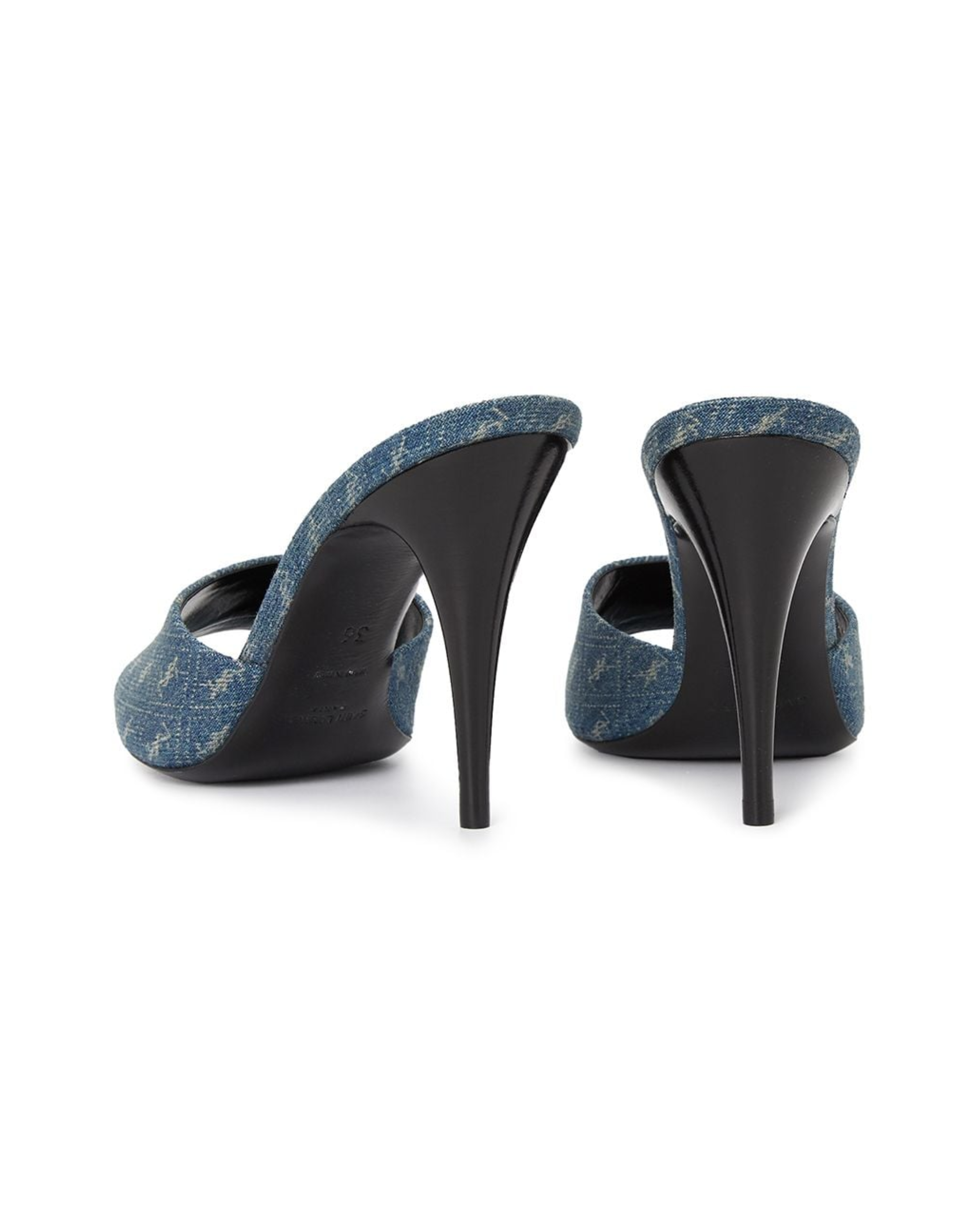 Blue denim high heel mules with black platform and stiletto heel, back view — Yves Saint Laurent | Endless UAE
