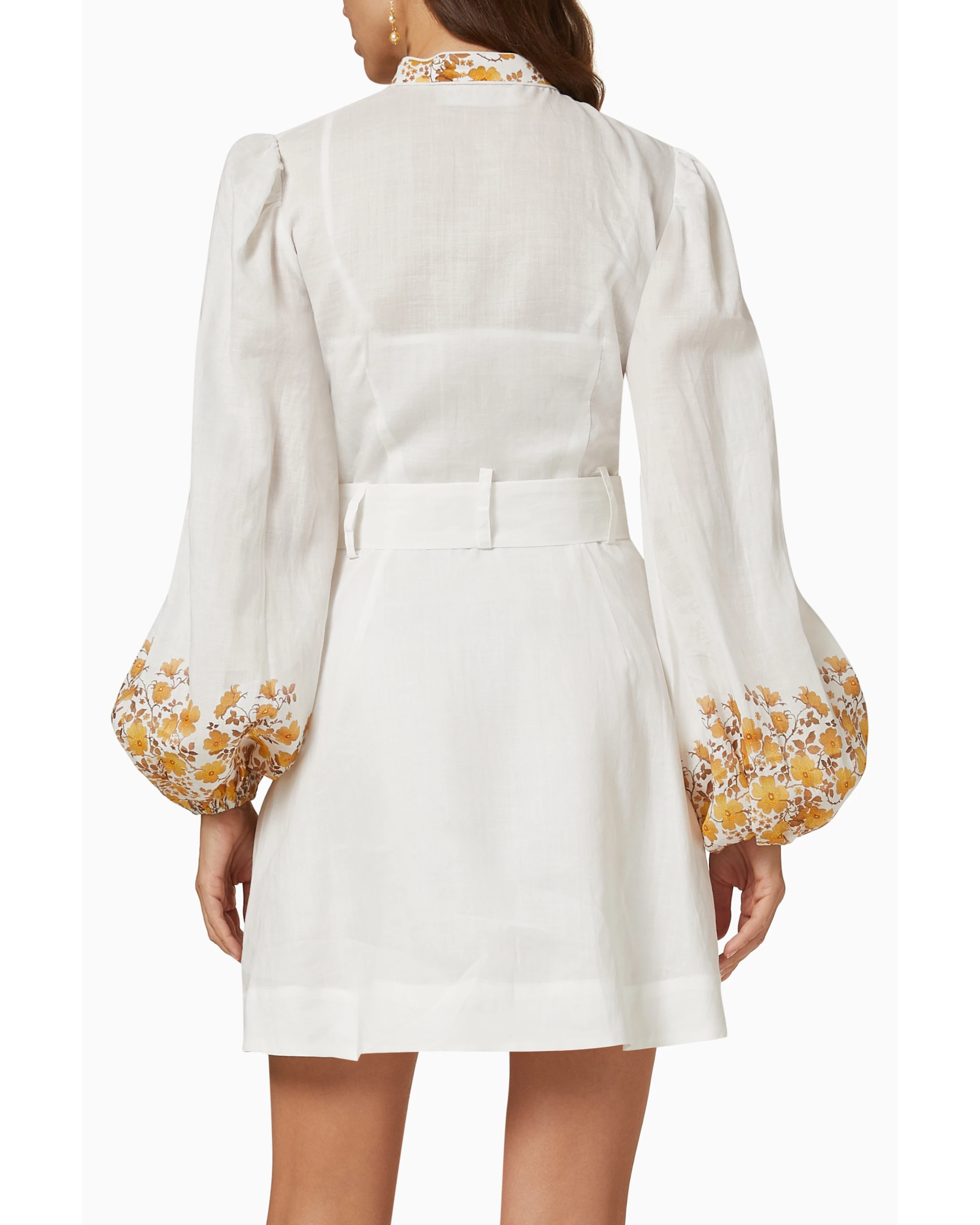 Meadow Long Sleeve Mini Dress in cream with yellow floral print and white belt — Keepsake The Label | Endless UAE