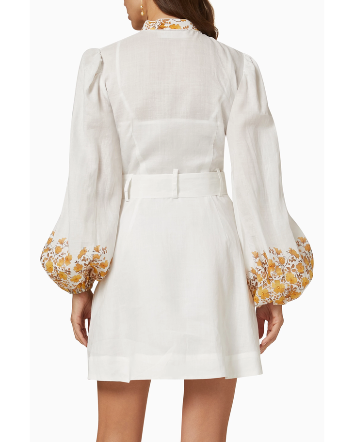 Meadow Long Sleeve Mini Dress in cream with yellow floral print and white belt — Keepsake The Label | Endless UAE