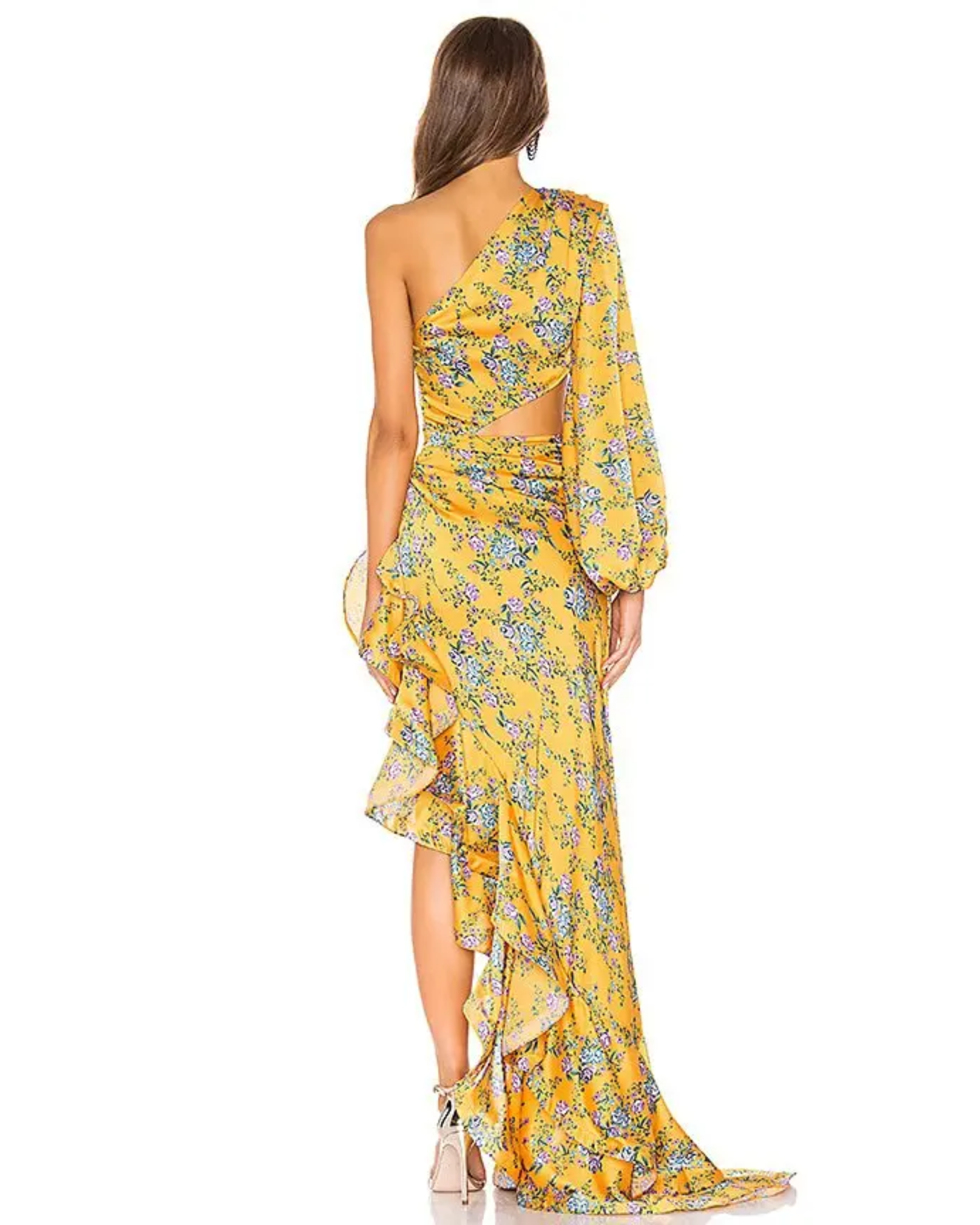 Yellow floral one-shoulder gown with ruffled asymmetrical hem — Bronx & Banco | Endless UAE