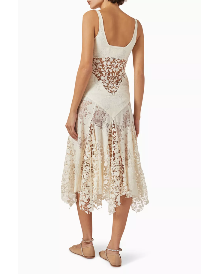 Cream lace panelled midi dress with asymmetrical handkerchief hem — Siedress | Endless UAE