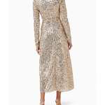Champagne sequined midi dress with long sleeves and tie-front neckline — Rotate Birger Christensen | Endless UAE