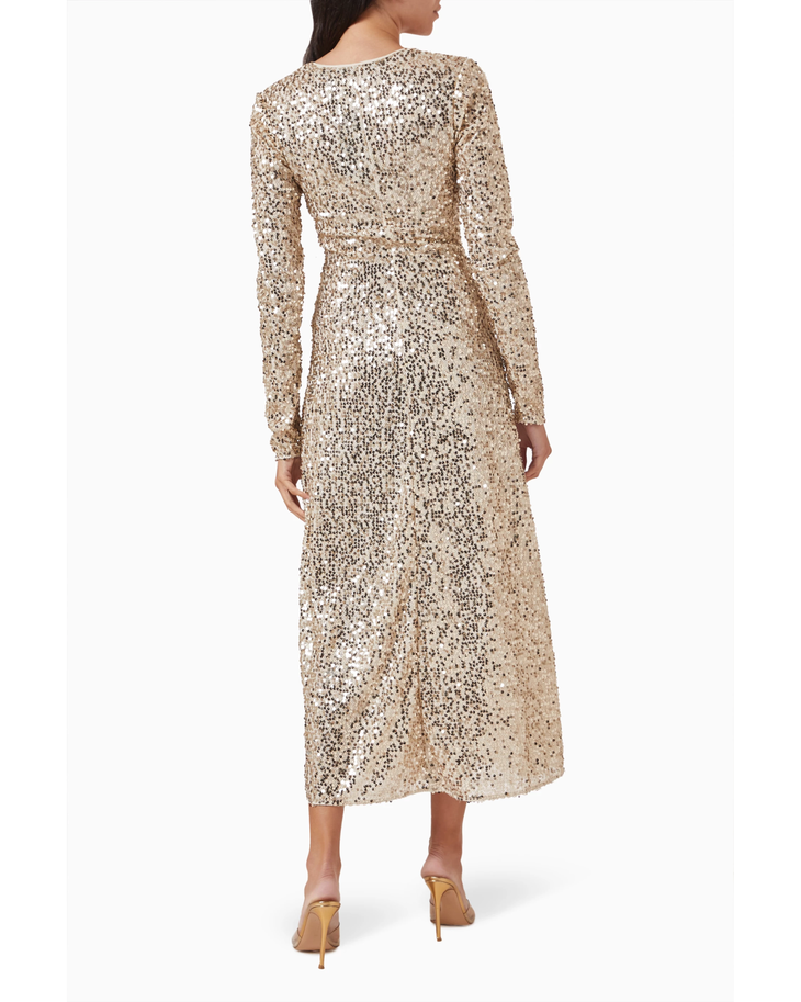 Champagne sequined midi dress with long sleeves and tie-front neckline — Rotate Birger Christensen | Endless UAE