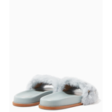 Luxurious pale blue slides with fluffy mink fur straps and tan leather soles — Valentino Garavani | Endless UAE
