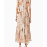 Floral print flutter midi dress in soft peach tones with ruched neckline and tiered skirt — Zimmermann | Endless UAE