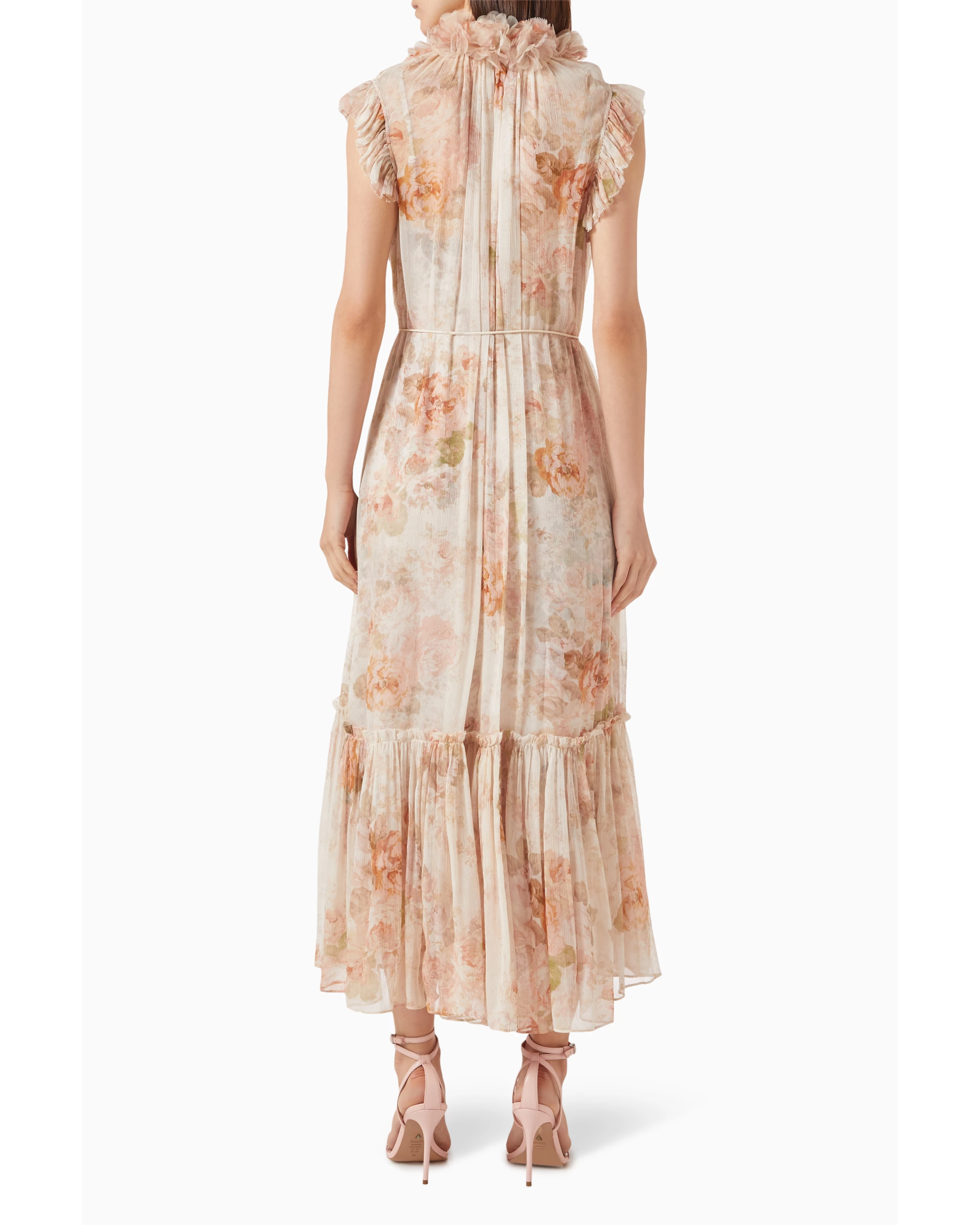 Floral print flutter midi dress in soft peach tones with ruched neckline and tiered skirt — Zimmermann | Endless UAE