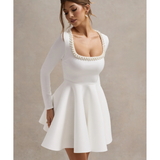 Wilder Square-Neck Long-Sleeve Skater Mini Dress