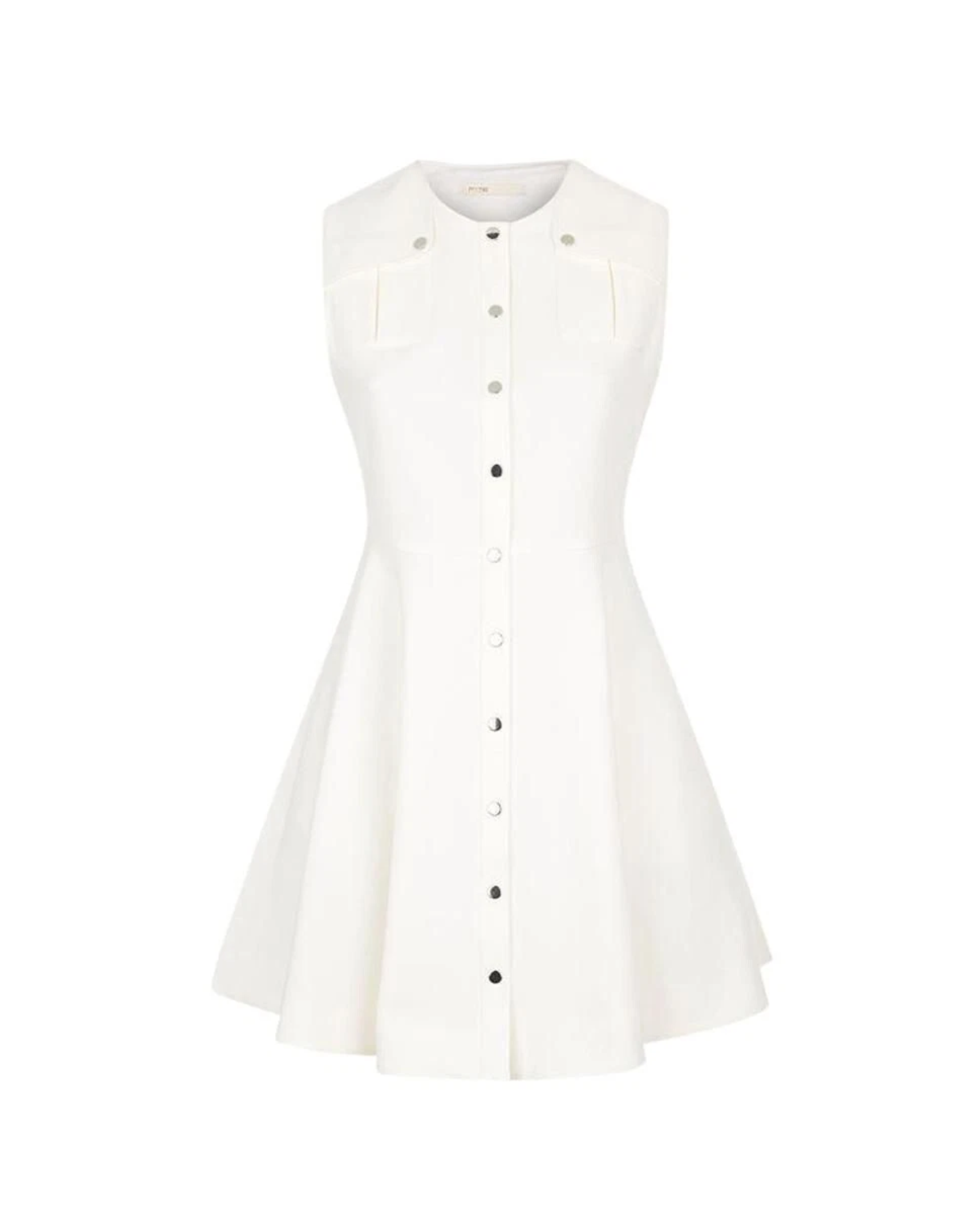 White sleeveless button-front cotton dress with round neck and fit-and-flare silhouette — Maje | Endless UAE