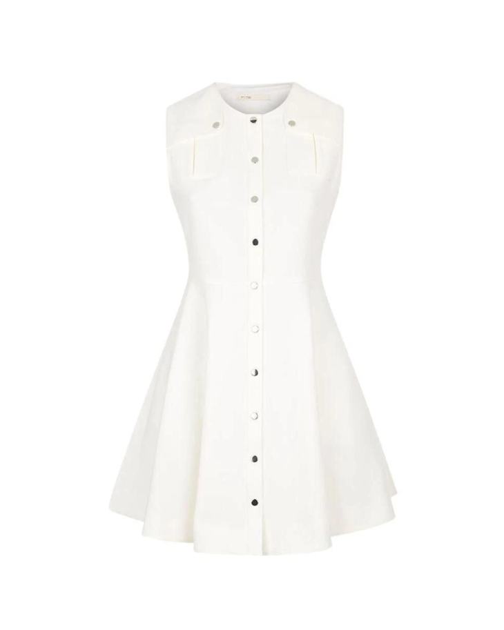White sleeveless button-front cotton dress with round neck and fit-and-flare silhouette — Maje | Endless UAE