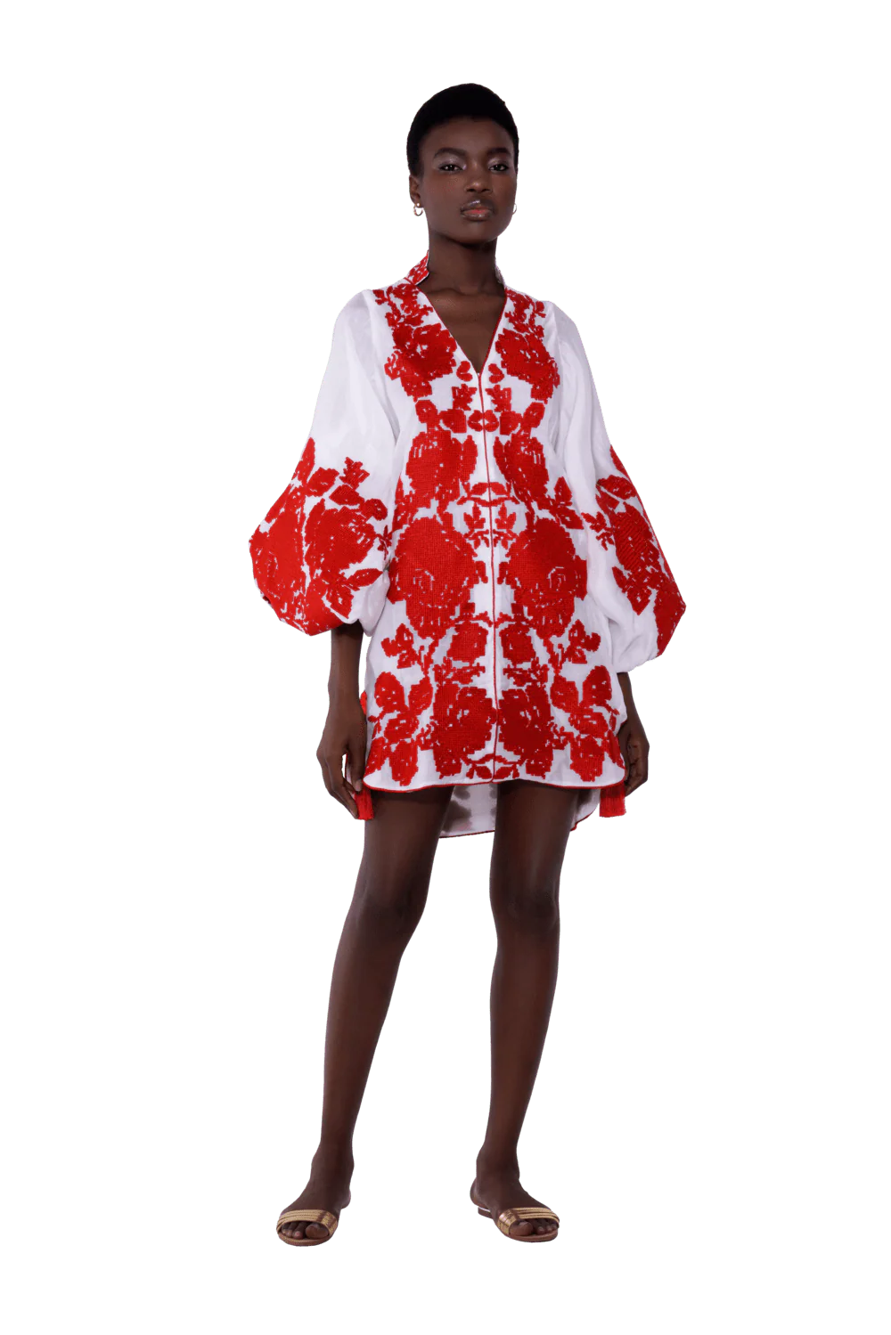 White caftan mini dress with red floral embroidery and balloon sleeves — Yuliya Magdych | Endless UAE