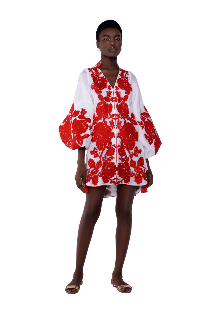 White caftan mini dress with red floral embroidery and balloon sleeves — Yuliya Magdych | Endless UAE