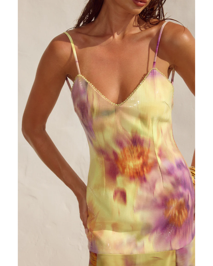 Tulia Low Back Maxi Dress in yellow and purple tie-dye print — Runaway The Label | Endless UAE